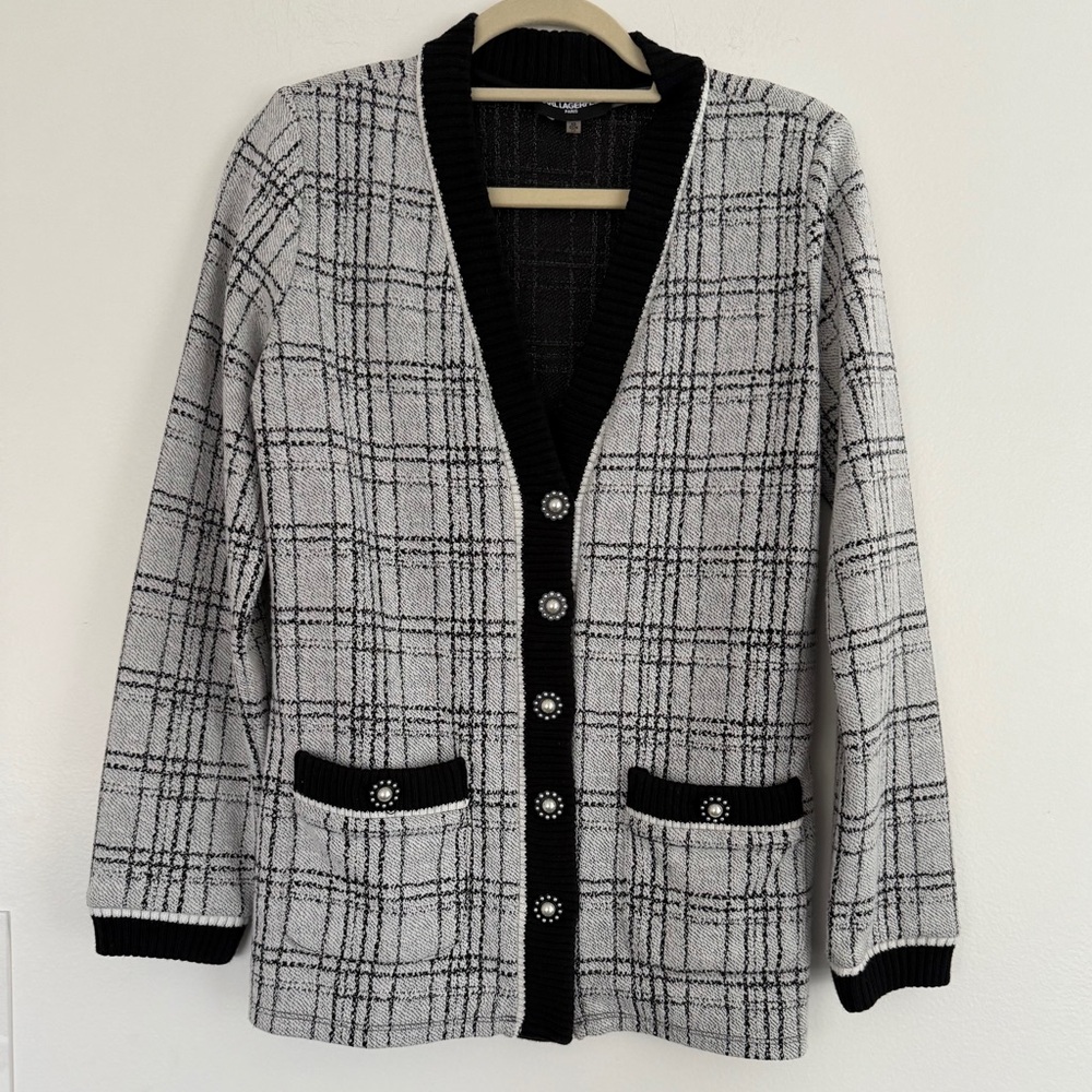 Karl Lagerfeld Paris Plaid Embellished- Button Cardigan, Sz. XS